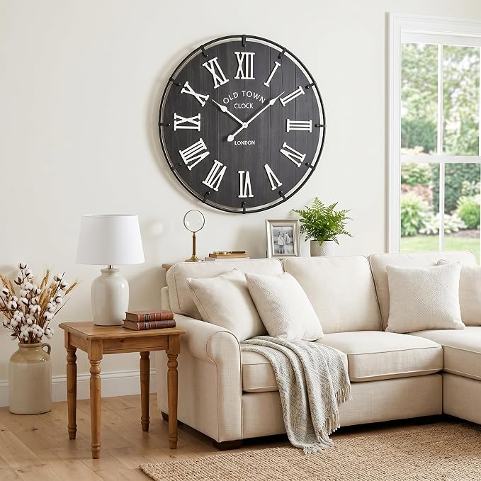 EMAX HOME Inch Large Black Wall Clock, Rustic Distressed Wooden Dial with 3D White Roman Numerals, Silent Sweep Movement, High Contrast Farmhouse Decor for Bedroom, Kitchen, or Dining Room.