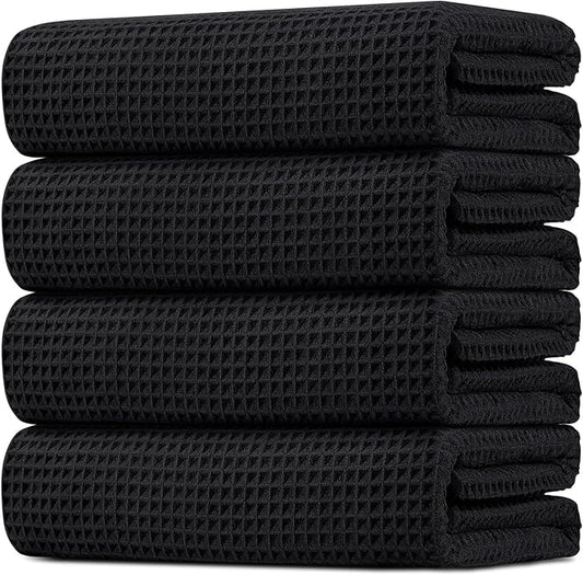 HOMEXCEL Waffle Bath Towels Set 4 Pack, Premium Microfiber Bathroom Towels, Lightweight, Highly Absorbent and Quick Dry Towel for Bathroom, Gym, Shower, Hotel, and Spa, 30 x 60 Inch, Black