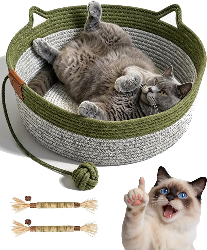 Instinct Basket for Cats,Cat Basket Bed with Cushion & Hanging Ball Toy,Handwoven Cotton Rope Cat Basket (Green,S(up to 9Lb))