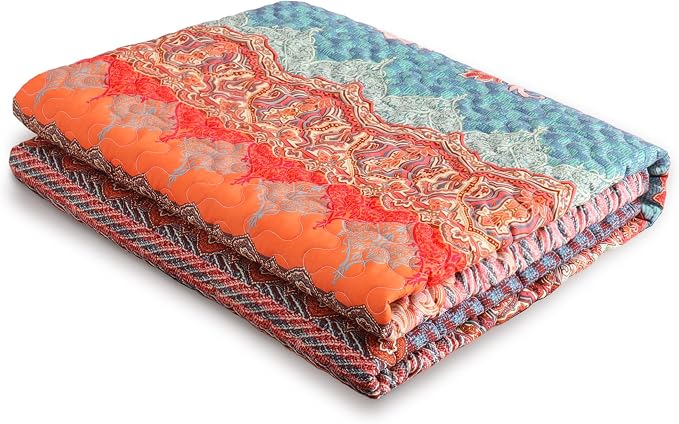 Exclusivo Mezcla Reversible Boho Quilted Throw Blanket, 50"x 60" | Lightweight Summer Quilt Throw, Designed for Bed/ Couch/ Sofa, Teal and Orange Striped Pattern