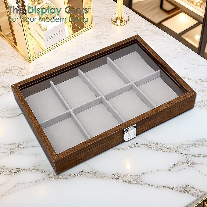 Wooden Travel Jewelry Box w. Tempered Glass Display Lid - Bracelets Storage - 8-Compartments Velvet Organizer (Dark Oak) by The Display Guys