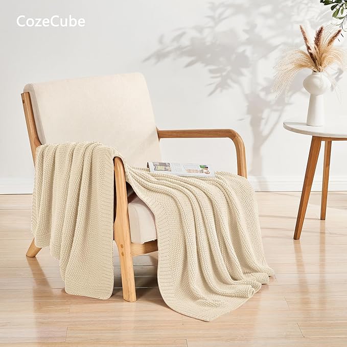 CozeCube Light Beige Seed Stitch Throw Blanket 50"x60", Farmhouse Decor | Blanket for Couch, Soft Cozy Cable Knit Throw for Bed Sofa Living Room, Lightweight Warm Decorative Christmas Blanket