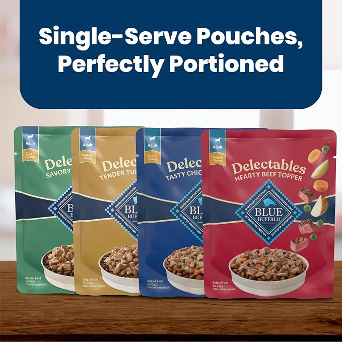Blue Buffalo Delectables Variety Pack Dog Food Topper, 3 oz, 24 ct | Chicken, Beef, Turkey & Lamb Recipes, Real Meat with Garden Veggies in Gravy, Single-Serve Pouches