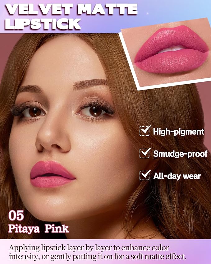 Matte Lipstick, Velvet Pink Lip Stick Crayon Pencil, Waterproof Long Wear Lipstick 24 Hour High Pigmented, Smudge-proof Non-stick Hydrating Natural Lipgloss Christmas Day Makeup gift for Women-05
