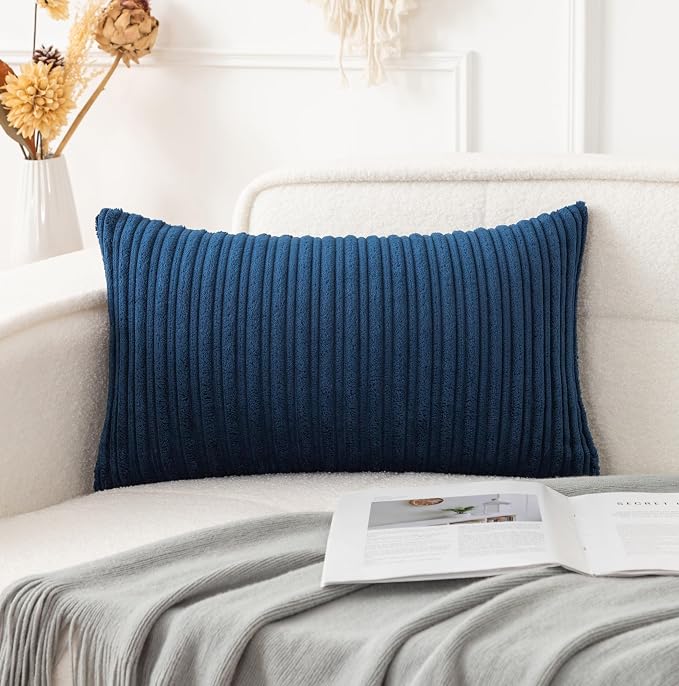 UGASA 14x24 Inch Pillow Cover Pack of 1 Soft Boho Stripe Corduroy Long Rectangle Lumbar Cushion Case Farmhouse Decorative Throw Pilowcase for Bed, Couch, Sofa, Bedroom, Living Room, Navy Blue