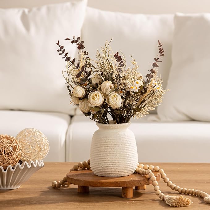 Ceramic Flower Vase, Small Rustic Farmhouse Vases Home Decor, Short Pottery Decorative Pampas Vase for Table Living Room Entryway Mantel Bookshelf Bedroom Bathroom Kitchen - 6" W