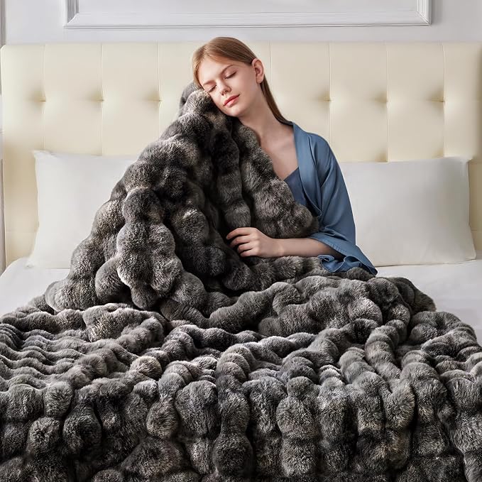 Anysay Faux Fur Throw Blanket, 1000GSM Fluffy Soft Bubble Blanket 60''*80'' | Cozy Plush Warm and Thick Blanket for Couch Bed, Fuzzy Rabbit Throw for Living Room Bedroom Tie-dye Grey