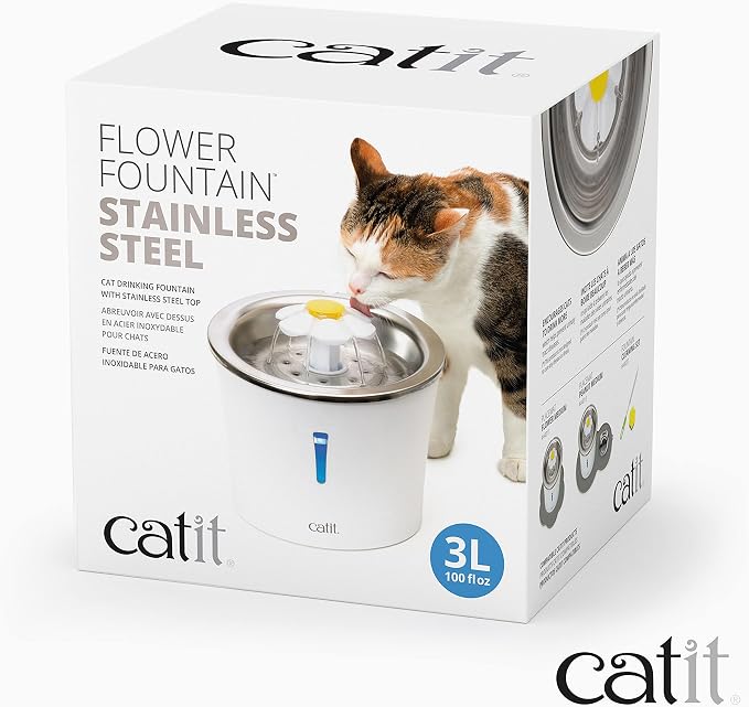 Catit Stainless Steel Flower Fountain with Triple Action Filter, 3 L | Cat Drinking Water Fountain