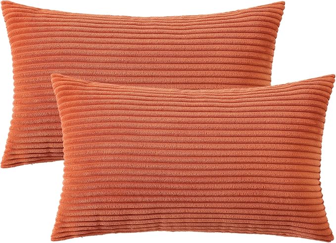 Mecatny Corduroy Fall Decorative Throw Pillow Covers 26x26 Set of 2 Rust | Soft Striped Texture, Hidden Zipper Design, Neutral Boho Square Pillow Cases for Sofa Couch Living Room Bedroom, Home Décor