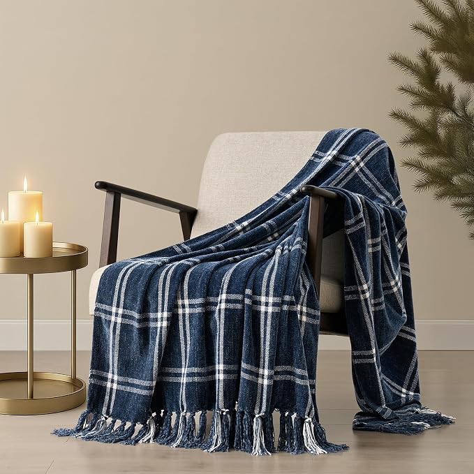 Plaid Chenille Knit Throw Blanket, 60"x80", Navy & White | Soft Knitted Throw with Tassels, Cozy, Lightweight, Windowpane Grid Plaid, Decorative Farmhouse Throw for Couch Bed Sofa Gift
