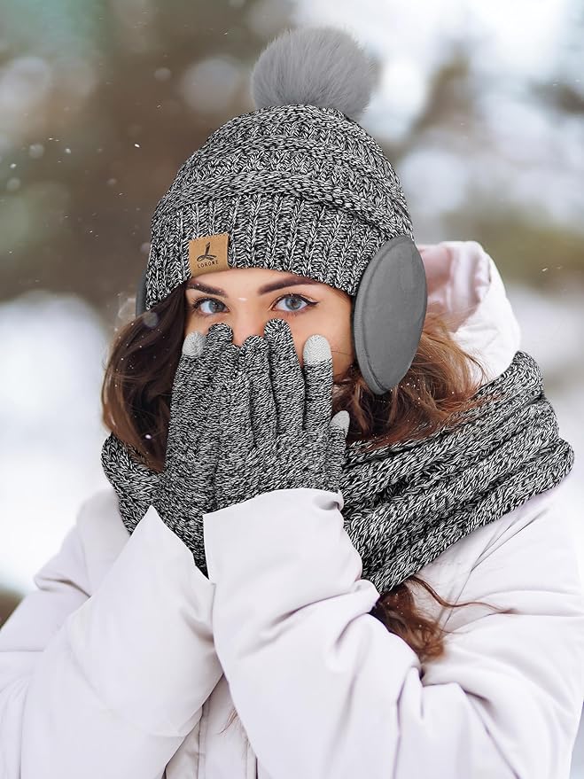 Winter Hat Scarf Gloves and Ear Warmer, Warm Knit Beanie Hat Touch Screen Gloves Set Winter Gifts Neck Scarves for Women