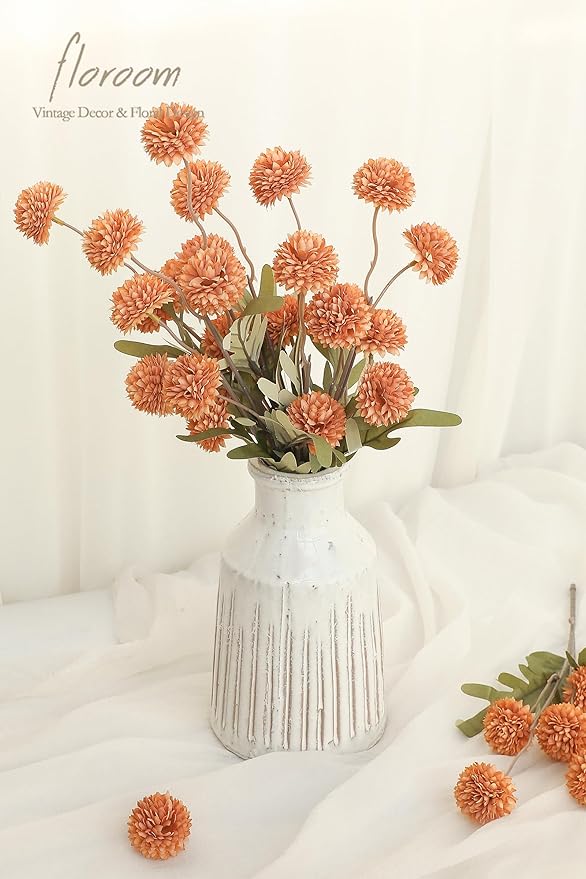 5pcs Burnt Orange Faux Silk Mums Artificial Flowers, Bulk Fake Small Mini Chrysanthemums with Stems for DIY Wedding Centerpieces Floral Arrangements Vase Fillers Home Decorations