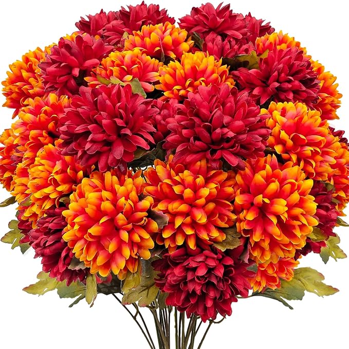 4 Bundles Large Artificial Fall Flowers Faux Mums for Outdoor Planters | Silk Fake Chrysanthemums Bouquet for Home Vase Outside Front Porch Table Floral Arrangement Wedding Autumn Decor