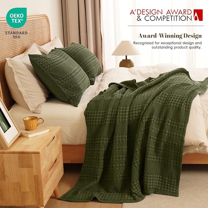 PHF 100% Cotton Waffle Weave Throw Blanket, Lightweight Breathable Summer Blanket for Couch Sofa, Pre-Washed Soft Throws for Bed, Office, Travel & Stylish Home Decor, 50"x60", Capulet Olive