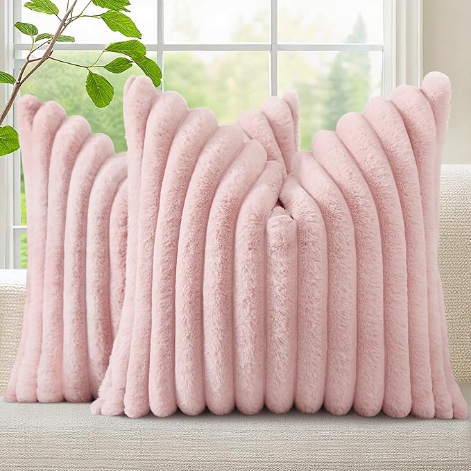 decorUhome Fall Faux Fur Throw Pillow Covers 24x24 Set of 2 Pink | Decorative Soft Cozy Striped Plush Modern Farmhouse Boho Couch Pillow Cases Velvet Back for Sofa Bed Living Room Home Decor