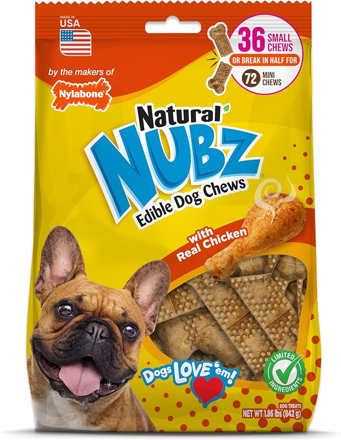 Nylabone Nubz Natural Dog Treats Made with Real Chicken, Small, 36 Count | Long lasting dog chews, made in USA, limited ingredients, highly digestible, dog dental treats for small dogs up to 30 lbs