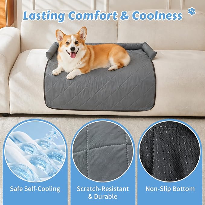 Cooling Dog Bed Mats with Neck & Head Support, 35.43 x31.5 inch Grey | for Small and Medium Dogs & Cats, Non-Slip, Machine Washable, Protects Sofa from Fur & Scratches