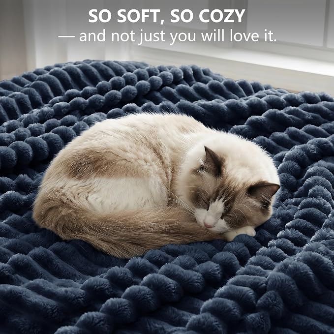 Navy Blue Twin Blanket for Bed & Couch, 60 x 80 Inch | 300GSM Ribbed Fleece Blanket, Soft, Cozy & Lightweight, OEKO-TEX Certified, All-Season Use for Travel, Dorm & Home Decor