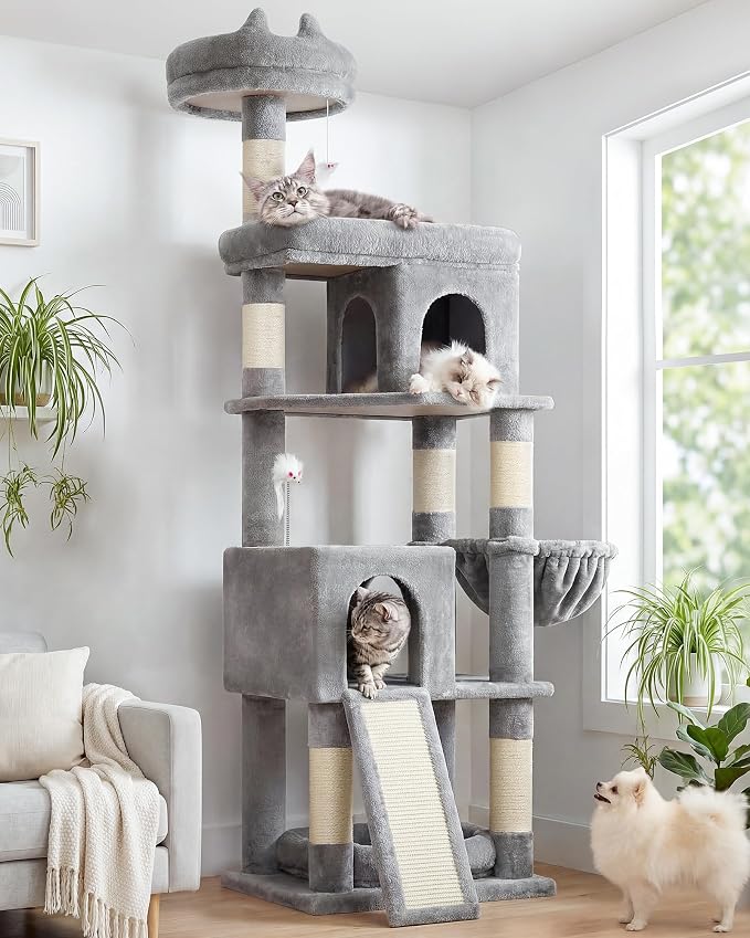 Globlazer Heavy Duty Cat Trees for Large Cats, Sturdy 72in Maine Coon Cat Tree for Large Cats 20 lbs+ Heavy Duty Cat Tower for Adult Biggest Cat with 6 Scratching Posts, Hammock, S72, Light Grey