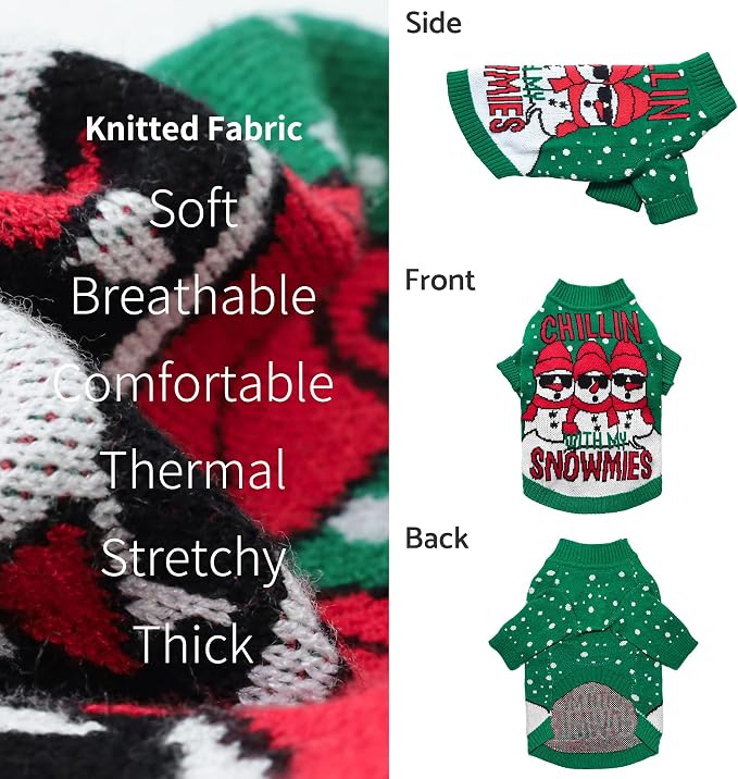 Fitwarm Chillin with My Snowmies Dog Ugly Christmas Sweater, Winter Dog Clothes for Small Dogs Girl Boy, Pet Holiday Sweatshirt, Xmas Snowman Outfit, Green, Red, White, XL