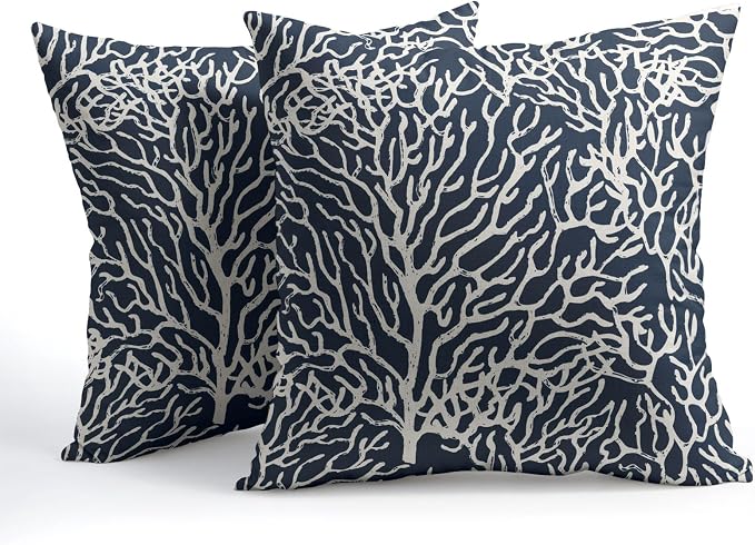 Nautical Coastal Coral Pillow Covers 16x16 Inch Set of 2 Summer Ocean Beach Navy Blue Decorative Pillow Cases Outdoor Linen Cushion Cover Farmhouse Decor for Bedroom Home Sofa Couch Bed