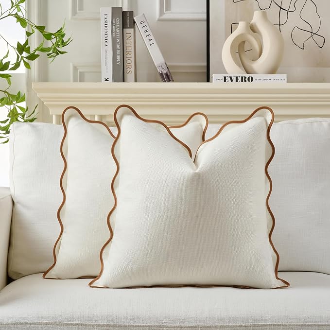 Scalloped Pillow Covers Set of 2 for Living Room | Spring Decorative Sofa Couch Pillows | Boho Sytle Decorative Home | Aesthetic Funky Preppy Pillow Cases (Beige & Brown, 18x18 Inch)