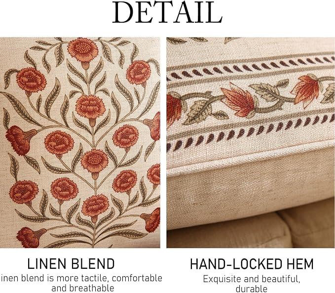 Designer French Linen Throw Pillow Cover,Set of 2,18"x18"-Albano B | Elegant Square Pillow Cover,Concealed Zipper Design,Floral Pattern,Sofas,Bedroom,Living Room,Lounge Chairs,Decor