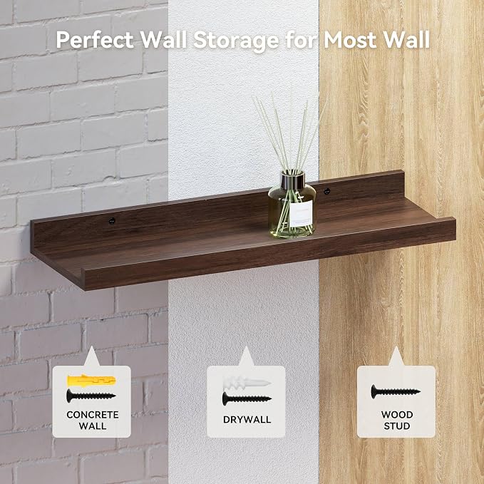 RICHER HOUSE 5-Set Floating Shelves with Lip, Walnut Wall Mounted Shelf | Display Picture Ledge Shelf, Anti-drop lip Shelf for Room Wall Decor, Bedroom Bathroom Storage Nursery Books, Easy Setup 16in