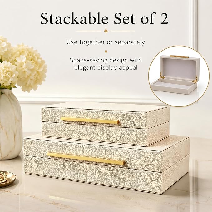 Set of 2 Beige Faux Leather Decorative Storage Boxes with Metal Handles | Stackable Nesting Jewelry Box Organizer Photo Organizer for Home Decor