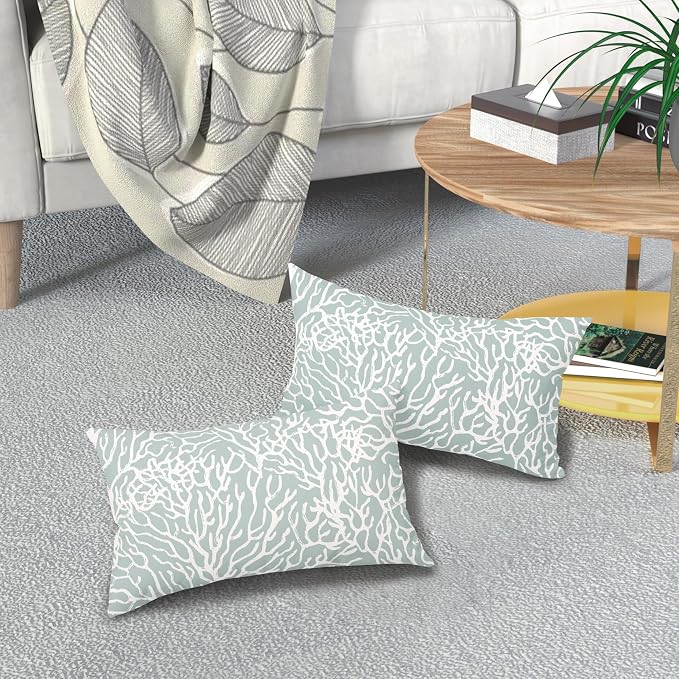 Nautical Coastal Coral Lumbar Pillow Covers 12x20 Inch Set of 2 Summer Ocean Beach Seafoam Blue Decorative Pillow Cases Outdoor Linen Cushion Cover Farmhouse Decor for Bedroom Home Sofa Couch Bed