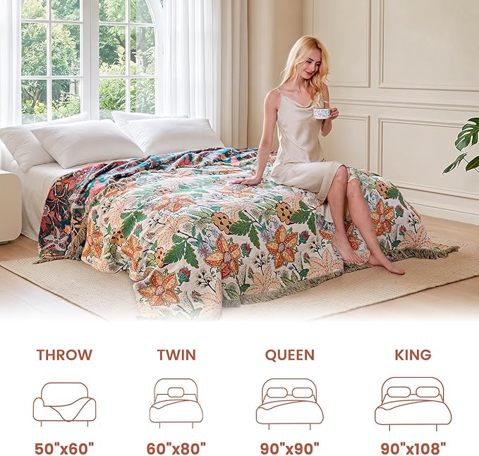 MSGKV Boho Throw Blanket 60"x80" Summer Cotton Floral Blanket for Twin | 100% Cotton Muslin, Botanical Throw Blanket, Reversible Weave, Soft & Breathable, Elegant Home Decor, Machine Washable