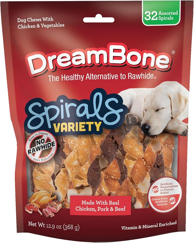 DreamBone Spirals Variety Pack Rawhide-Free Dog Treats, 32 Count | Daily Chew, Digests Safely and Completely, Made With Real Protein, Chicken, Beef or Pork, For Adult Dogs