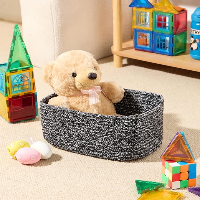 MiniArk Small Storage Baskets for Organizing | Closet Organizer Bins | Shelf Toy Basket | Woven Rope Baskets | Cube Decorative Box | Shallow Basket | 11.5x7.5x4.7” | 3 Packs Dark Gray