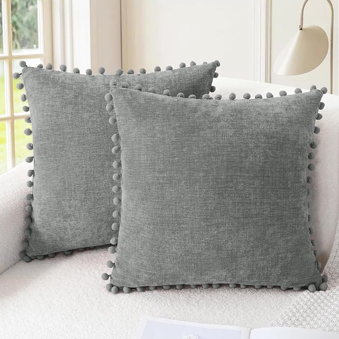 CaliTime Decorative Couch Throw Pillow Covers 20 X 20 Inches Medium Grey | Pack of 2, Cozy Chenille Cushion Cases, with Pom Poms for Sofa Bed Living Room Farmhouse Home