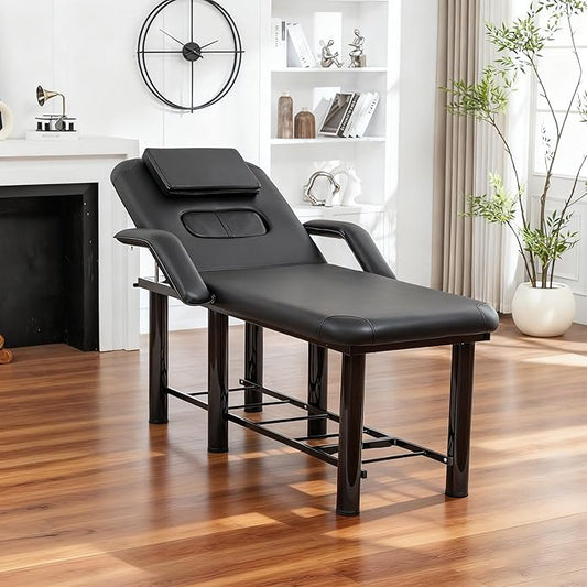 Professional Massage Treatment Bed 73.6 Inch with Handrail, Spa Facial Salon Bed with Removable Headrest & Chest Cushions, Stationary Physical Therapy Table with Adjustable Backrest, Steel Frame