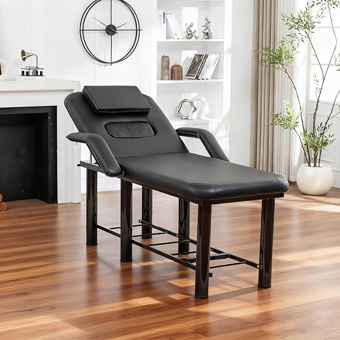 Professioanl Massage Table w/Adjustable Backrest for Treatment Table Spa Facial Bed Barber Beauty Equipment, Metal Frame PU Leather, Armrests Removable Headrest Salon Bed, Black