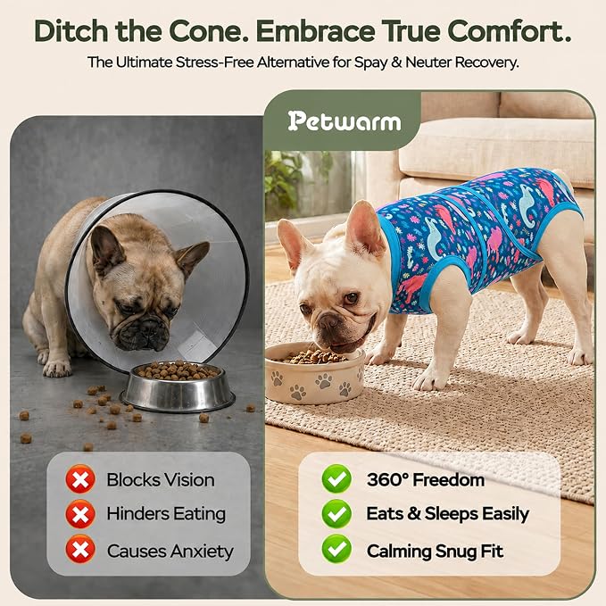 PetWarm Surgical Suit for Dogs, Dog Coat's Inner Clothes, Substitute E-Collar and Cone Prevent Licking Recovery Suit, Female Male Dog Onesie for Spay Neuter, Dinosaur Pattern, Multi-Colored, XS