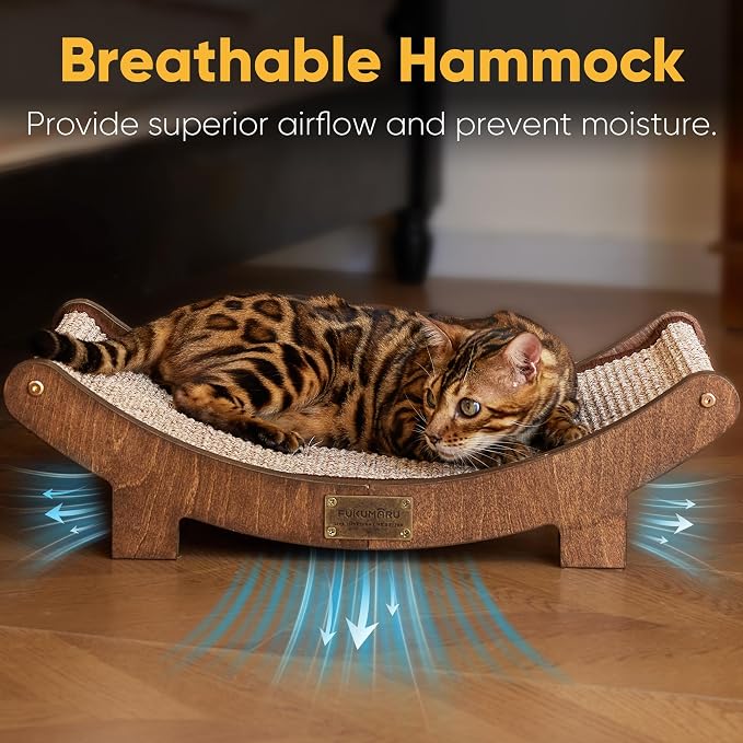 FUKUMARU Sisal Cat Scratcher Bed, Solid Wood Cat Hammock for Indoor Cats | 23.6 Inch Durable Scratching Bed, Large Cat Scratch Pad, Natural Sisal Hammock, Cat Lounger Scratcher for Sleeping (Brown)