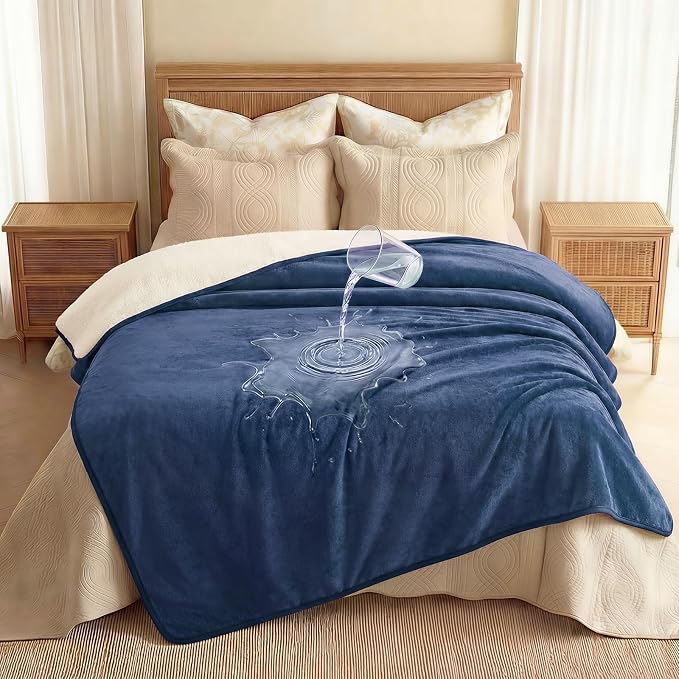 Luciphia Waterproof Pet Blanket, Washable Reversible Sherpa Fleece Throw | Liquid-proof furniture protector for bed and couch, soft reversible sherpa fleece for dogs, cats blue, L