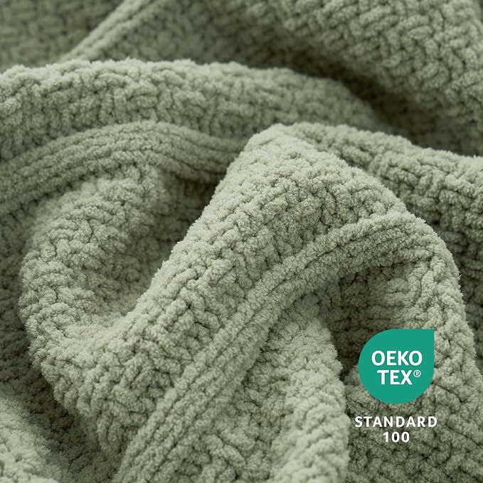 Chenille Throw Blanket for Couch, Soft Cozy Chunky Knit Blanket, Moss Stitch Throw for Sofa, Bed, Living Room, Lightweight Warm Home Decor, Sage Green 60"x80"