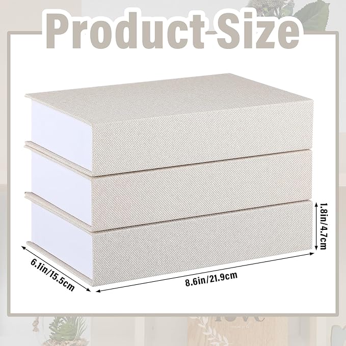 Tioncy 3 Pcs Decor Linen Faux Book Box Set Aesthetic DIY Fake Linen Book Box for Decor Storage Cafe Table Bookshelf Gift Home Keepsake(8.6 x 6.1 x 1.8 Inch,Creamy White)