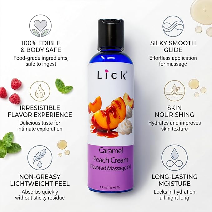 Lick Caramel Peach Cream Flavored Massage Oil – Tropical Edible Massage Oil with Sweet Almond Oil & Vitamin E, Hydrating Body-Safe Formula for Relaxing Couples Massage, 4 oz