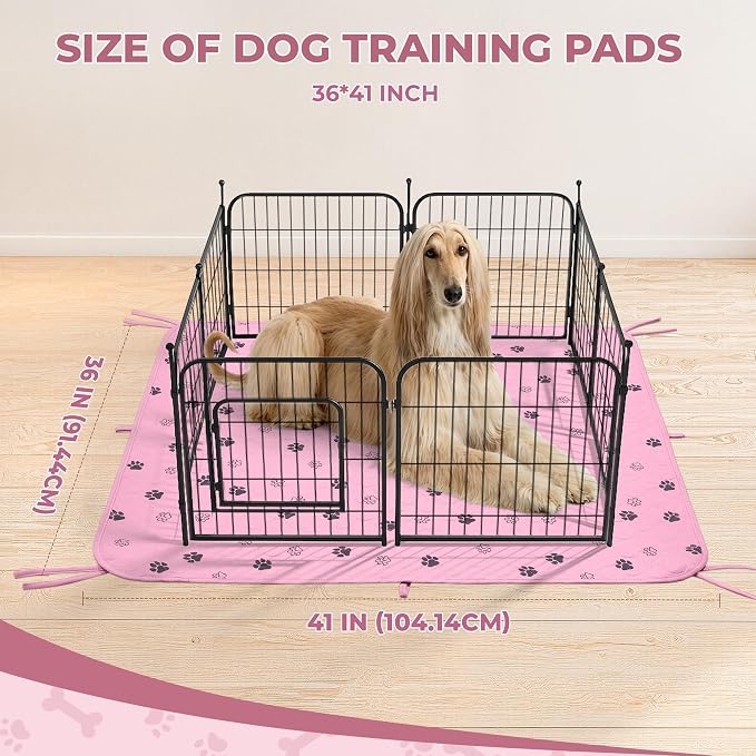 Fostanfly Washable Pee Pads for Dogs, Ultra-Absorbent, 36"x41"-2 Pack, Pink | Leak-Proof, Waterproof, Non-Slip, Large Reusable Pee Pads for Puppy Potty Training, Crate and Playpen with 8 Tie Straps