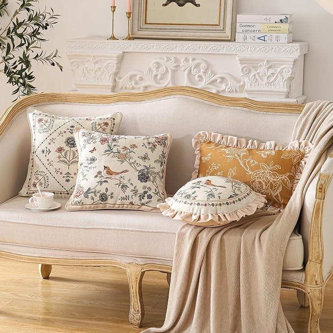 Vintage Linen Throw Pillow Cover,Set of 2,Diameter 16"-Cornucopia A | Designer Elegant French Round Pillow Cover,Concealed Zipper Design,Floral Pattern,Sofas,Bedroom,Living Room,Lounge Chairs