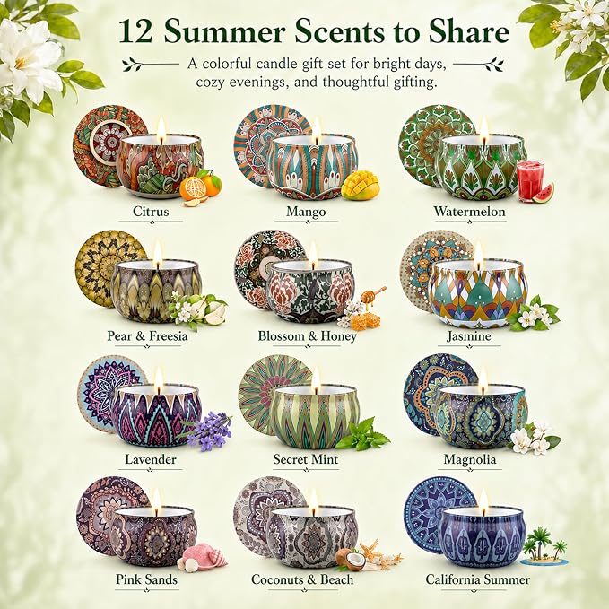 Scented Candles Gift Set, 12 Pack Summer Soy Wax Travel Tin Candles, Refreshing Summer Aromatherapy Scents for Home Spa Relaxation, Gifts for Women
