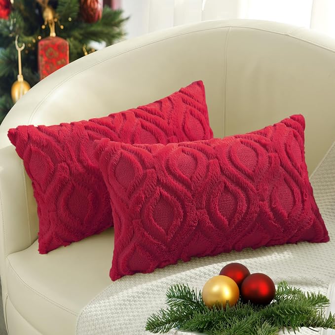 decorUhome Faux Fur Plush Soft Red Throw Pillow Covers 12x20 Set of 2 | Plush Solid Fall Couch Pillow Covers, Accent Modern Farmhouse Neutral Decorative Square Pillow Cases for Sofa Bed Living Room