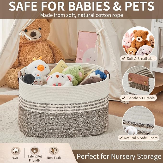 DOFASAYI Laundry Hamper with Handles, 72L Rope Laundry Basket, Brown | Cotton rope clothes hamper with leather handles holds blankets, pillows, toys and laundry in nursery, bedroom or living room
