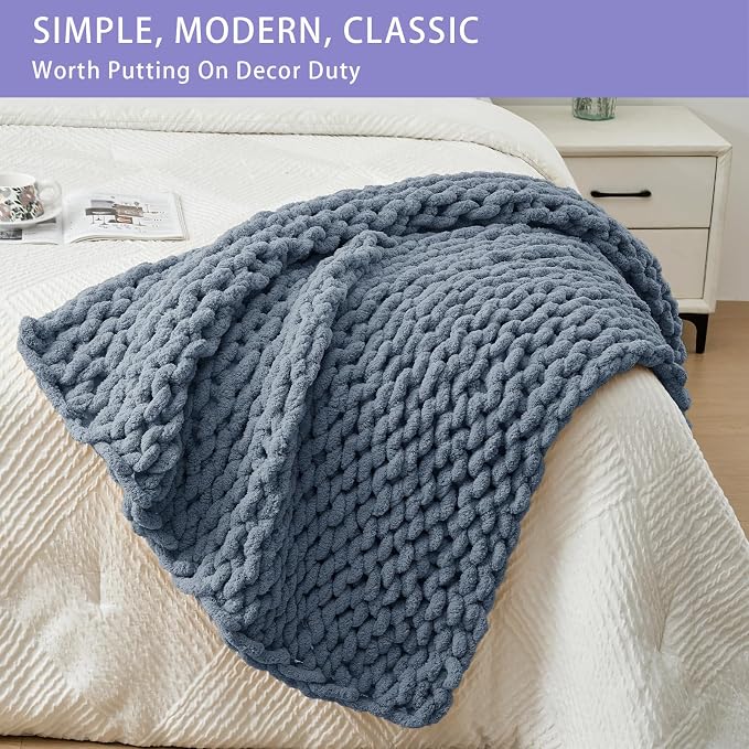Bigacogo Chunky Knit Throw Blanket for Couch, 40x40 inches, Cold Sea Blue | Hand Knit with Jumbo Chenille, Soft Breathable Cable Knit for Sofa Bed Living Room, Machine Washable, Gift for Mom Friend