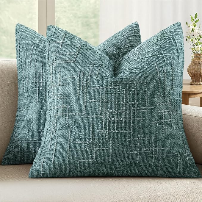 MIULEE Chenille Textured Throw Pillow Covers Teal 18x18 Set of 2 | Slubby Decorative Pillows, Boho Farmhouse Home Decor, Modern Neutral Cushion Covers for Couch Sofa Bed Living Room