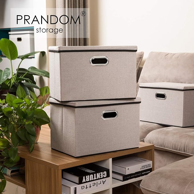 Large Foldable Storage Bin with Lid [1-Pack] Linen Fabric Decorative Storage Box Organizer Container Basket Cube with Handles Divider for Closet Office Living Room Light Grey(17.7x11.8x11.8)